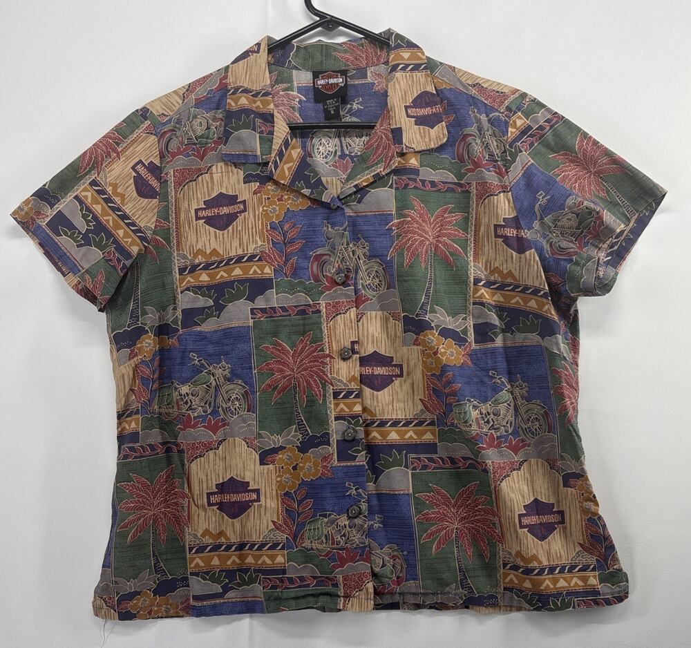 Vtg Harley Davidson Tori Richard Hawaiian Shirt Womens Sz 16 Motorcycle USA